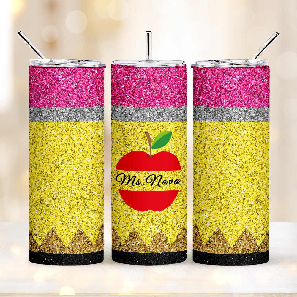 Personalized Glitter Apple 20oz Skinny Tumbler with Straw Back to School Appreciation Gift for Teacher